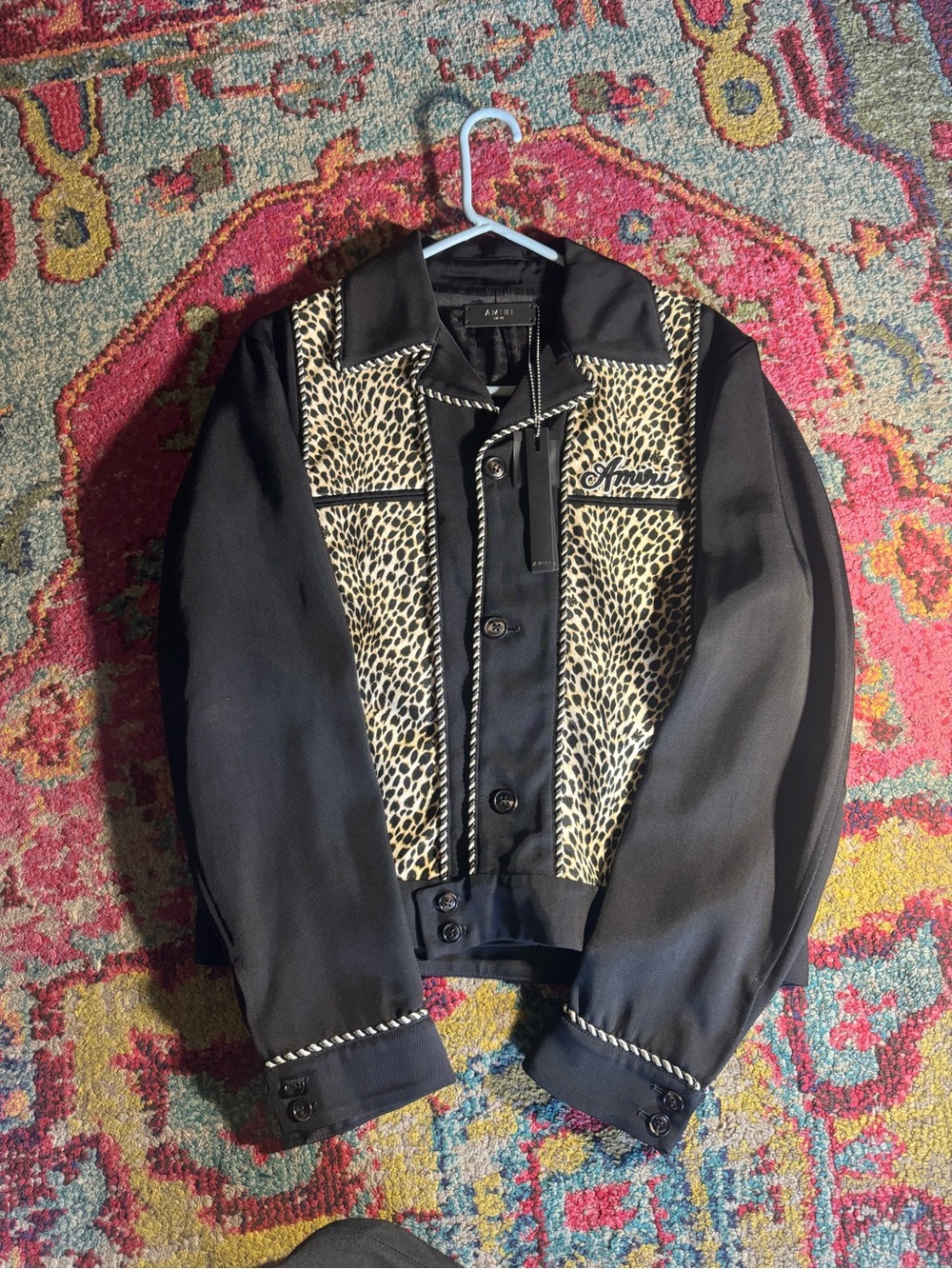 AMIRI Black Bomber Jacket with Leopard-Print Panels